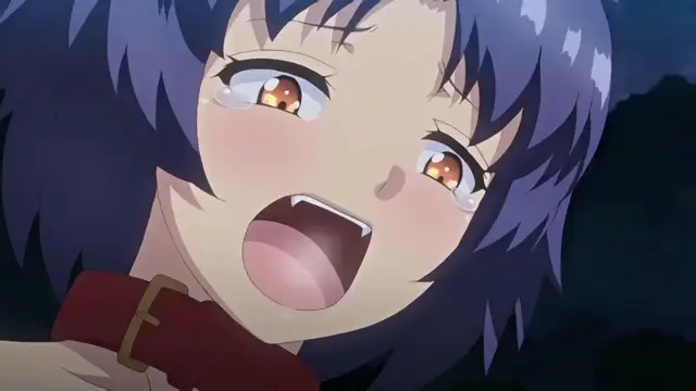 An anime girl with blue hair and wolf ears has a crying, blushing expression with her mouth open as she looks forward. Screenshot from Toilet no Hanako-san vs Kukkyou Taimashi - Episode 3