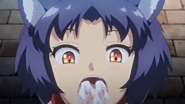 A wide-eyed, blue-haired cat girl with trembling lips and drooling from her mouth gazes forward with a stunned, aroused expression. Screenshot from Toilet no Hanako-san vs Kukkyou Taimashi - Episode 3
