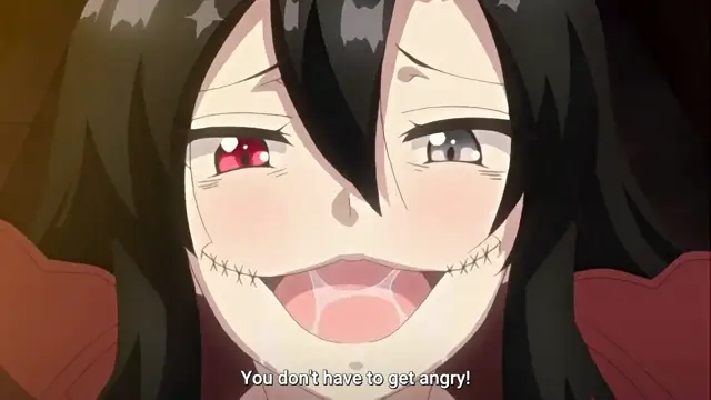 A close-up of a black-haired anime girl with stitches across her mouth and glowing red eyes, smiling broadly and saying, "You don't have to get angry!". Screenshot from Toilet no Hanako-san vs Kukkyou Taimashi - Episode 4