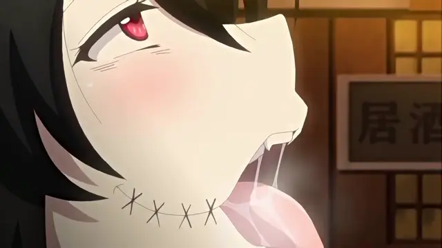 A close-up of a blushing anime girl with red eyes and an open mouth, showing her tongue and saliva, stands in front of a Japanese sliding door labeled "居泊" (Iukyaku). Screenshot from Toilet no Hanako-san vs Kukkyou Taimashi - Episode 4