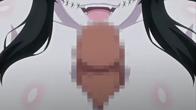 A close-up shot shows an anime girl with long black hair and a white outfit, her mouth wide open as she has her [censored] being fucked by a [censored] penis. Screenshot from Toilet no Hanako-san vs Kukkyou Taimashi - Episode 4