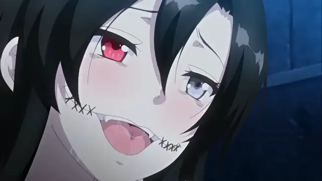 An anime girl with long black hair, red and grey eyes, and stitched mouths shows an aroused expression with her tongue out and heavy blushing on her cheeks. Screenshot from Toilet no Hanako-san vs Kukkyou Taimashi - Episode 4