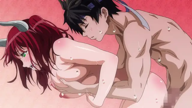 A muscular black-haired man with a blue headband leans over a red-haired girl with horns, pressing her against a pink surface while her breasts are exposed and wet with sweat. Screenshot from Ima Made de Ichiban Yokatta Sex - Episode 1