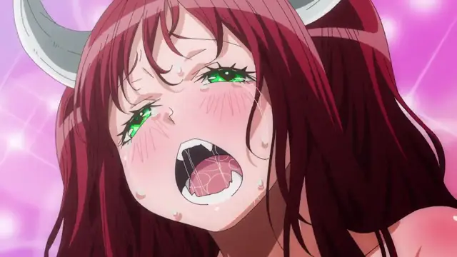 A blushing red-haired demon girl with horns and green eyes has her mouth wide open in an ecstatic expression against a pink glowing background. Screenshot from Ima Made de Ichiban Yokatta Sex - Episode 1