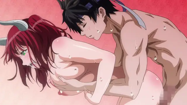 A shirtless, muscular young man with black hair and a blue headband leans over a red-haired demon girl with horns, who is lying down and appears to be being penetrated. Screenshot from Ima Made de Ichiban Yokatta Sex - Episode 1