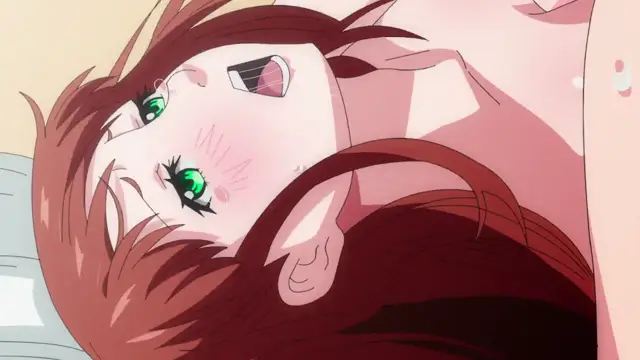 A close-up, high-angle shot shows an anime girl with long red hair and green eyes lying down on her back with a blushing face and heavy breathing as she looks upward. Screenshot from Ima Made de Ichiban Yokatta Sex - Episode 2