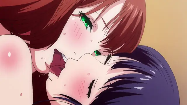 A close-up shot of two anime girls with blushing faces, one with long reddish-brown hair and the other with dark hair, leaning in close to each other as if about to kiss or engaging in intimate activity. Screenshot from Ima Made de Ichiban Yokatta Sex - Episode 2