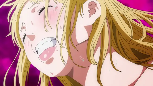 A close-up shot shows a blonde-haired anime girl with a blushing face and sweating skin, crying while making an exaggerated, open-mouthed expression of intense pleasure or distress against a vibrant pink background. Screenshot from Ima Made de Ichiban Yokatta Sex - Episode 2