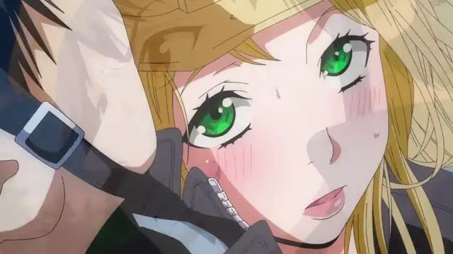A blonde-haired girl with green eyes and a blushing face looks surprised or startled while a man in a black outfit with a silver buckle on his collar holds her close. Screenshot from Ima Made de Ichiban Yokatta Sex - Episode 2