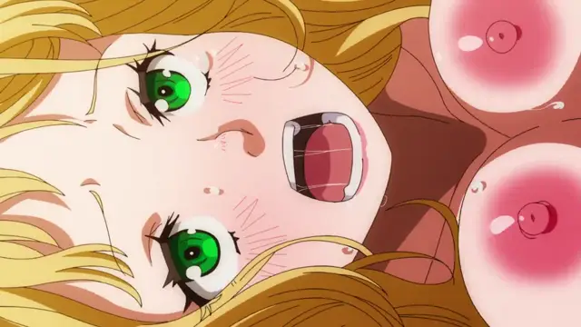 A blonde anime girl with green eyes and a blushing face looks shocked and wide-eyed as she lies on her back, with her large pink nipples prominently displayed. Screenshot from Ima Made de Ichiban Yokatta Sex - Episode 2