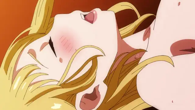 An anime girl with long blonde hair lies on her back with a blushing face and open mouth, while another person's face is visible in the foreground, appearing to be engaging in sexual activity. Screenshot from Ima Made de Ichiban Yokatta Sex - Episode 2
