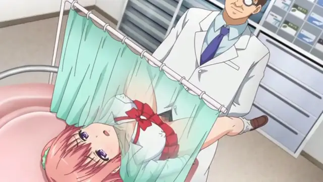 A red-haired girl in a school uniform lies on a hospital bed, partially covered by a light blue sheet, while a male doctor in a white lab coat and glasses stands over her. Screenshot from Ero Ishi: Seijun Bishoujo o Kotoba Takumi ni Hametai Houdai - Episode 1