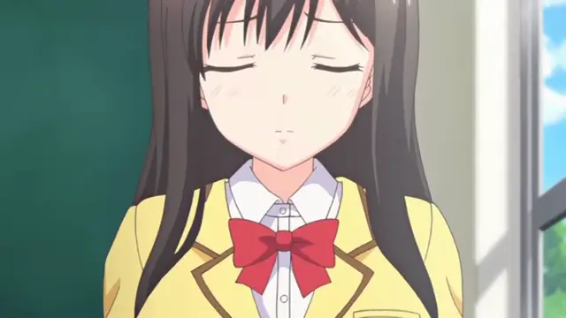 A blushing anime girl with long black hair and closed eyes wears a yellow school blazer with a red bow tie while looking embarrassed or flustered. Screenshot from Ero Ishi: Seijun Bishoujo o Kotoba Takumi ni Hametai Houdai - Episode 1