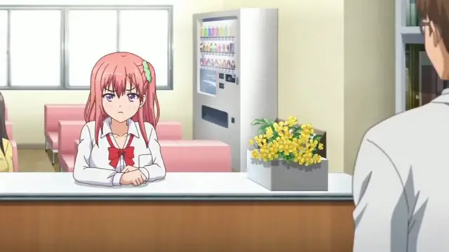 A girl with long pink hair and a red bow tie sits behind a counter, looking annoyed at a man standing in front of her in a room with a vending machine. Screenshot from Ero Ishi: Seijun Bishoujo o Kotoba Takumi ni Hametai Houdai - Episode 1