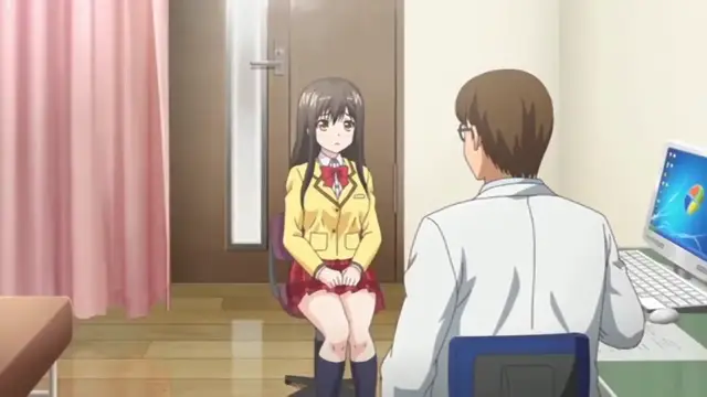 A Japanese schoolgirl in a yellow blazer and red skirt sits on a chair facing a man in a white suit who is seated at a desk with a computer. Screenshot from Ero Ishi: Seijun Bishoujo o Kotoba Takumi ni Hametai Houdai - Episode 1