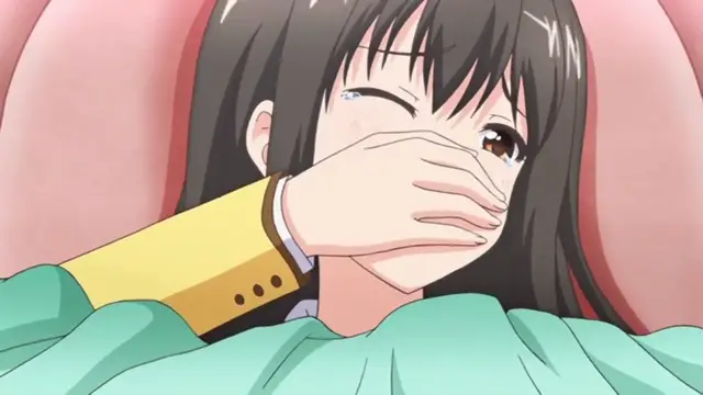 A crying girl with long black hair and a green dress is being held from behind by a person with a yellow sleeve covering her mouth. Screenshot from Ero Ishi: Seijun Bishoujo o Kotoba Takumi ni Hametai Houdai - Episode 1
