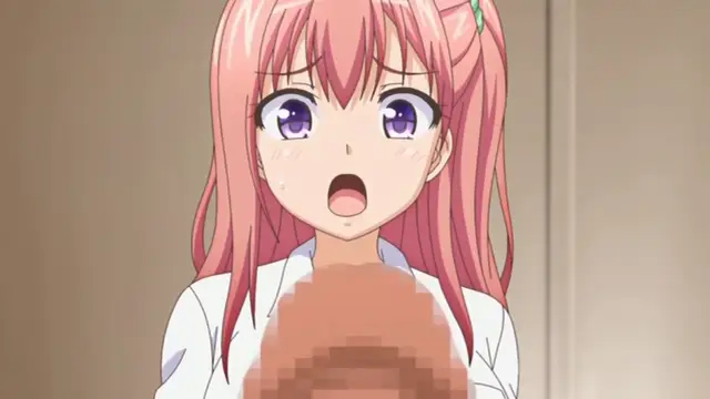 A shocked anime girl with long pink hair and purple eyes looks down in surprise as a man's penis is shown in the foreground. Screenshot from Ero Ishi: Seijun Bishoujo o Kotoba Takumi ni Hametai Houdai - Episode 2