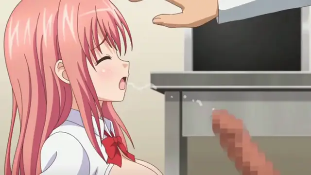 A pink-haired anime girl in a school uniform looks up with an open mouth and blushing face while being penetrated from below by a large, pixelated penis from under a table. Screenshot from Ero Ishi: Seijun Bishoujo o Kotoba Takumi ni Hametai Houdai - Episode 2