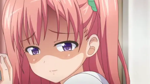 A blushing anime girl with long pink hair and purple eyes looks to the side with a seductive and embarrassed expression. Screenshot from Ero Ishi: Seijun Bishoujo o Kotoba Takumi ni Hametai Houdai - Episode 2