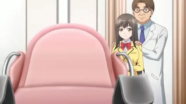 A man in a white lab coat stands behind a girl in a school uniform, placing his hand on her shoulder as they stand next to a pink massage chair. Screenshot from Ero Ishi: Seijun Bishoujo o Kotoba Takumi ni Hametai Houdai - Episode 2