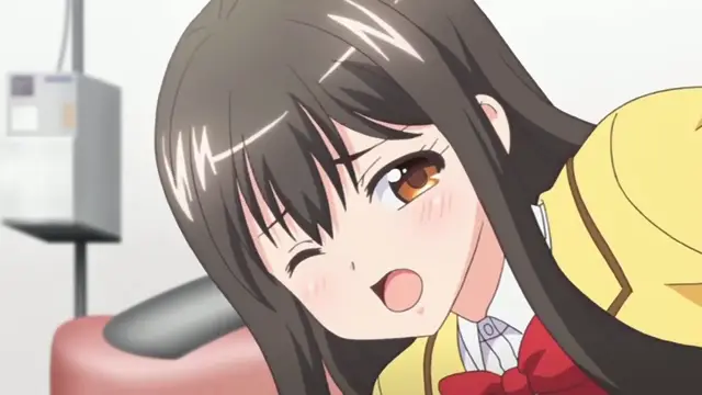 An anime girl with long black hair and a yellow school uniform leans forward with a winking expression and her mouth open, showing a playful and embarrassed look. Screenshot from Ero Ishi: Seijun Bishoujo o Kotoba Takumi ni Hametai Houdai - Episode 2