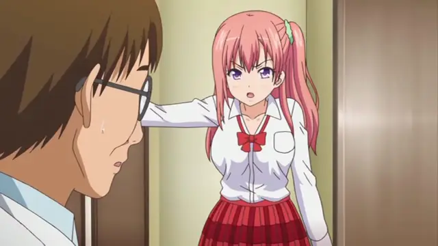 A long-haired girl in a school uniform stands in a hallway, reaching out to touch the face of a sweating man with glasses. Screenshot from Ero Ishi: Seijun Bishoujo o Kotoba Takumi ni Hametai Houdai - Episode 3