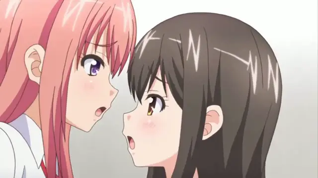 Two anime girls with pink and black hair look at each other with surprised expressions. Screenshot from Ero Ishi: Seijun Bishoujo o Kotoba Takumi ni Hametai Houdai - Episode 3