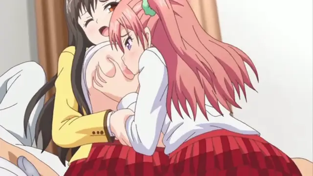 A pink-haired girl in a red plaid skirt leans forward to kiss a man lying on a bed while a black-haired girl watches from behind them. Screenshot from Ero Ishi: Seijun Bishoujo o Kotoba Takumi ni Hametai Houdai - Episode 3