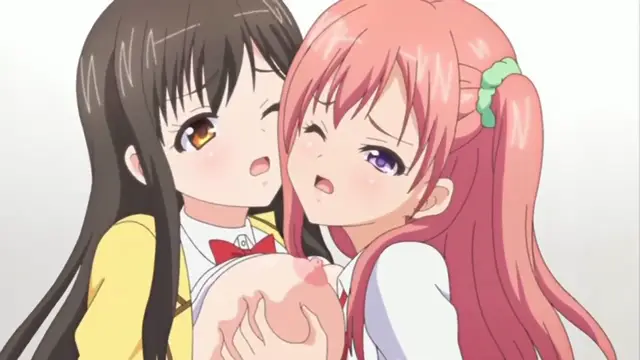 Two anime girls with pink and black hair, wearing school uniforms, look at each other with blushing faces while holding a large, pink, erect penis between them. Screenshot from Ero Ishi: Seijun Bishoujo o Kotoba Takumi ni Hametai Houdai - Episode 3