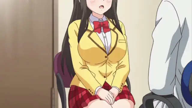 A long-haired girl wearing a yellow blazer and red plaid skirt sits on a chair with a surprised expression, facing a man in a white suit. Screenshot from Ero Ishi: Seijun Bishoujo o Kotoba Takumi ni Hametai Houdai - Episode 3