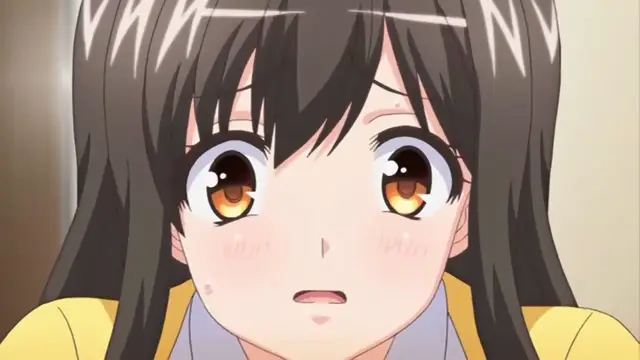 A close-up shot of an anime girl with long dark hair and blushing cheeks looks forward with a startled and shocked expression. Screenshot from Ero Ishi: Seijun Bishoujo o Kotoba Takumi ni Hametai Houdai - Episode 3