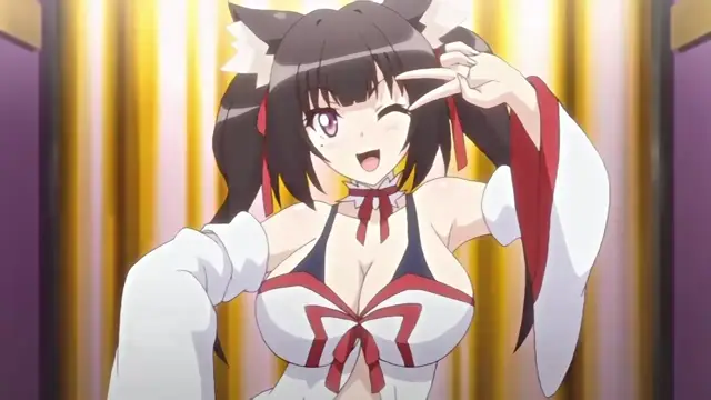 A cute anime girl with black hair and cat ears wears a white and red outfit while winking and making a peace sign. Screenshot from Cosplay Change: Pure-kei Joshidaisei no Kiken na Seiheki - Episode 1