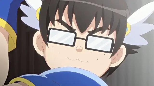 A close-up of a male anime character with black hair, glasses, and small white wings, wearing a blue outfit with gold trim and a satisfied smirk on his face. Screenshot from Cosplay Change: Pure-kei Joshidaisei no Kiken na Seiheki - Episode 1
