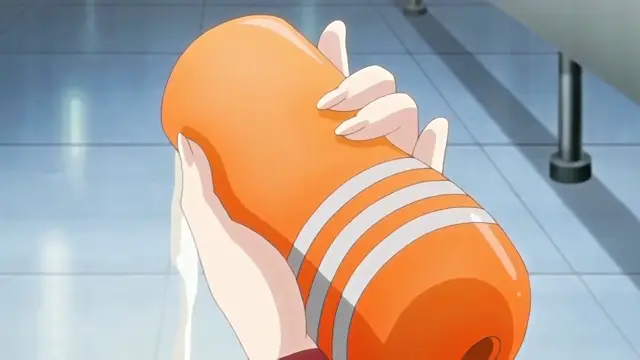 An anime-style character holds a large orange dildo with white stripes, with a thick stream of white cum dripping down the side. Screenshot from Cosplay Change: Pure-kei Joshidaisei no Kiken na Seiheki - Episode 1