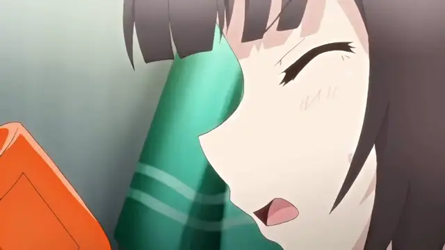 A close-up of a blushing anime girl with short black hair and closed eyes looking upwards with an open mouth as she is being penetrated from behind by a large green phallus. Screenshot from Cosplay Change: Pure-kei Joshidaisei no Kiken na Seiheki - Episode 1