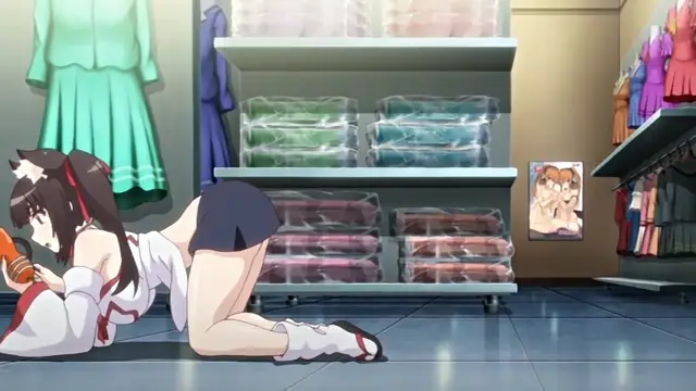 An anime girl with long dark hair and a black ribbon, wearing a white low-cut top and a short blue skirt, is on all fours on the floor of a clothing store while holding a bottle of beer. Screenshot from Cosplay Change: Pure-kei Joshidaisei no Kiken na Seiheki - Episode 1