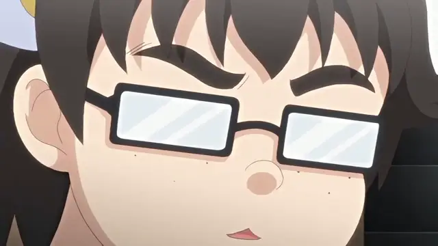 A close-up shot of a male anime character with dark hair, wearing thick-rimmed glasses and a serious expression. Screenshot from Cosplay Change: Pure-kei Joshidaisei no Kiken na Seiheki - Episode 1
