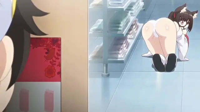 A girl with black hair and horns in a white outfit is bent over on the floor of a store, displaying her large, round buttocks. Screenshot from Cosplay Change: Pure-kei Joshidaisei no Kiken na Seiheki - Episode 1