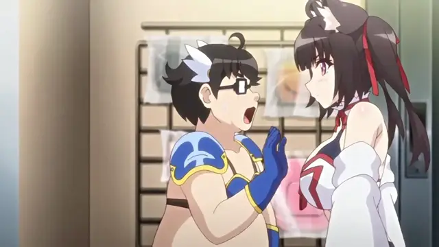 A shocked male character in a blue and gold wrestling outfit faces a blushing girl in a white and red outfit with black hair and cat ears inside a locker room. Screenshot from Cosplay Change: Pure-kei Joshidaisei no Kiken na Seiheki - Episode 1