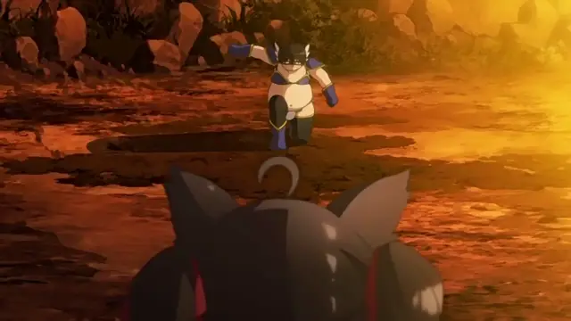 A black and white armored anime character with horns runs through a fiery, lava-filled landscape. Screenshot from Cosplay Change: Pure-kei Joshidaisei no Kiken na Seiheki - Episode 1