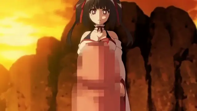 A wide shot shows an anime girl with long dark hair and red ribbons in a white outfit standing before a fiery, orange-hued rocky landscape with her midsection pixelated. Screenshot from Cosplay Change: Pure-kei Joshidaisei no Kiken na Seiheki - Episode 1