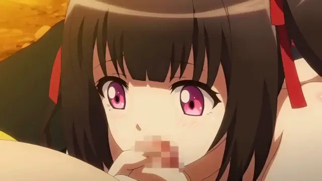 A close-up shot of an anime girl with black hair and red ribbons in her hair, looking upwards with wide eyes and blushing while a blurred face is positioned in front of her. Screenshot from Cosplay Change: Pure-kei Joshidaisei no Kiken na Seiheki - Episode 1