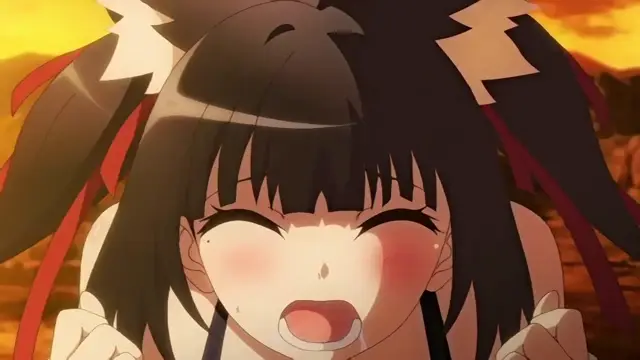 A blushing anime girl with dark hair and red ribbons over her head has her eyes closed and mouth open in an expression of intense pleasure. Screenshot from Cosplay Change: Pure-kei Joshidaisei no Kiken na Seiheki - Episode 1