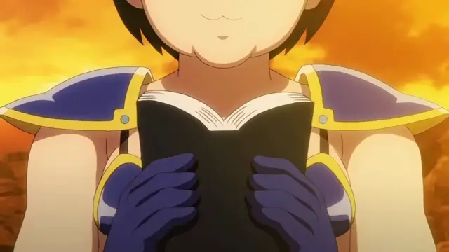 An anime girl with short dark hair and blue armor holds an open black book in front of her chest against a sunset background. Screenshot from Cosplay Change: Pure-kei Joshidaisei no Kiken na Seiheki - Episode 1