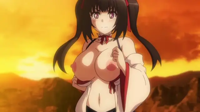 A close-up shot of a black-haired anime girl with large breasts and a red ribbon choker, wearing a revealing white and red kimono that is open to show her nipples, standing in front of a golden-orange sunset. Screenshot from Cosplay Change: Pure-kei Joshidaisei no Kiken na Seiheki - Episode 2