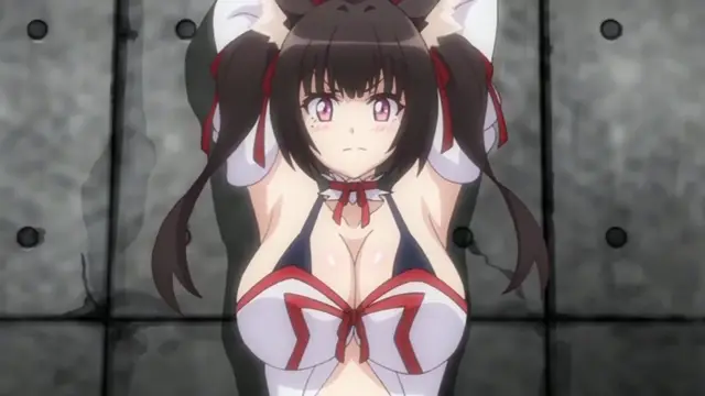 A wide shot of a girl with cat ears and large breasts wearing a white and red outfit standing in a stone room with a shocked expression. Screenshot from Cosplay Change: Pure-kei Joshidaisei no Kiken na Seiheki - Episode 2