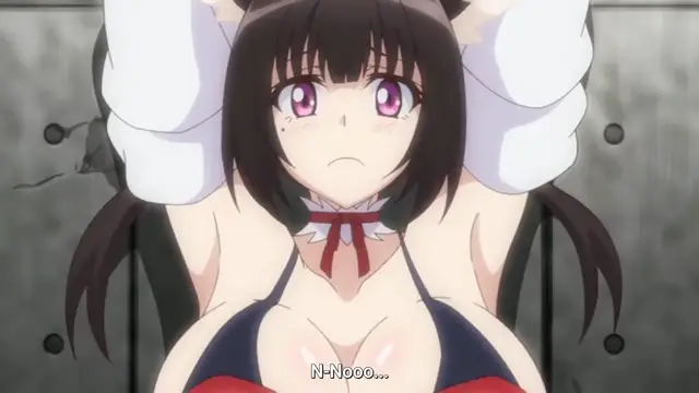 A wide shot shows a brown-haired anime girl with white ribbons and a bikini top crying as she looks at the camera with the subtitle "N-H-NOOO...". Screenshot from Cosplay Change: Pure-kei Joshidaisei no Kiken na Seiheki - Episode 2