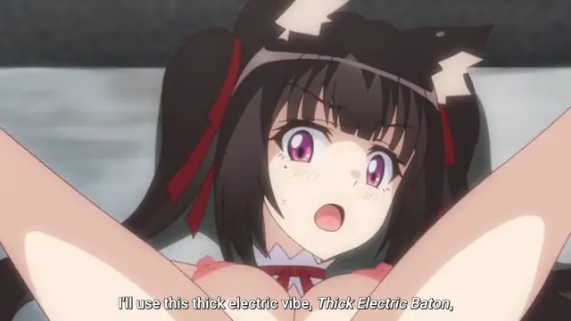 An anime girl with black hair, red ribbons, and cat ears looks surprised and blushing while holding her arms up with a subtitle that reads "I'll use this thick electric vibe, Thick Electric Baton,". Screenshot from Cosplay Change: Pure-kei Joshidaisei no Kiken na Seiheki - Episode 2