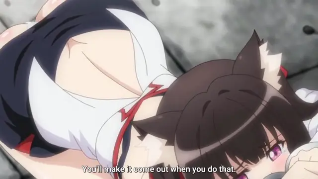 A dark-haired girl with cat ears and a black and white outfit lies on the ground with her breasts exposed while a girl with black and white hair and a white outfit with red trim lies over her, with the subtitle "You'll make it come out when you do that.". Screenshot from Cosplay Change: Pure-kei Joshidaisei no Kiken na Seiheki - Episode 2