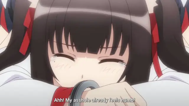A close-up of an anime girl with long black hair and red ribbons, blushing and crying with tears in her eyes while wearing a white outfit, with the subtitle "Ahh! My asshole already feels numb!" at the bottom. Screenshot from Cosplay Change: Pure-kei Joshidaisei no Kiken na Seiheki - Episode 2